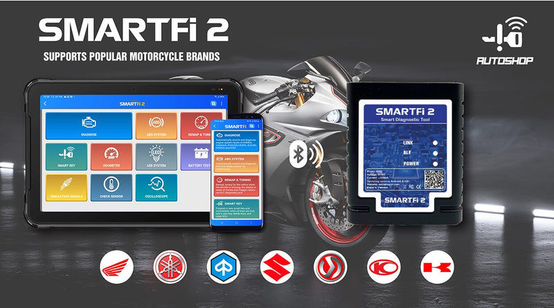 2023 New SMARTFi2 Motorcycles Scanner Supporting Diagnostic Smart key Odo Remap Functions all in one bluetooth version Android and iOS operating systems tablets Autoshopvn