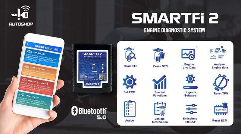 2023 New SMARTFi2 Motorcycles Scanner Supporting Diagnostic Smart key Odo Remap Functions all in one bluetooth version Android and iOS operating systems tablets Autoshopvn