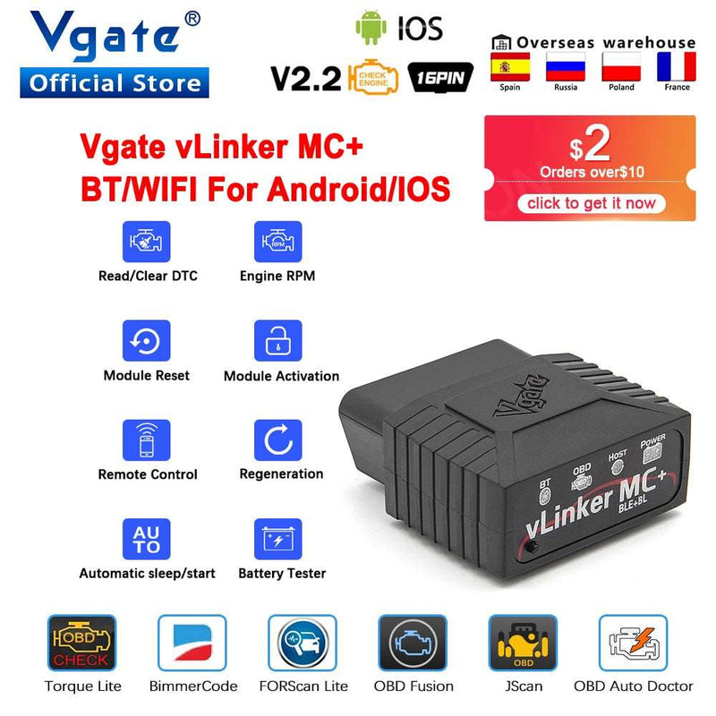 Vgate vLinker MC+ ELM327 V2.2 Bluetooth 4.0 OBD2 Scanner OBD 2 WIFI B