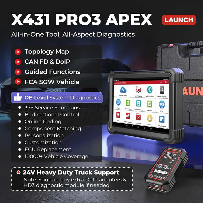 LAUNCH X431 PRO3 APEX 10inch Diagnostic Scanner Support Topology Map Online Coding CAN FD & DoIP HD Truck Scan with 37+Services Launch X431